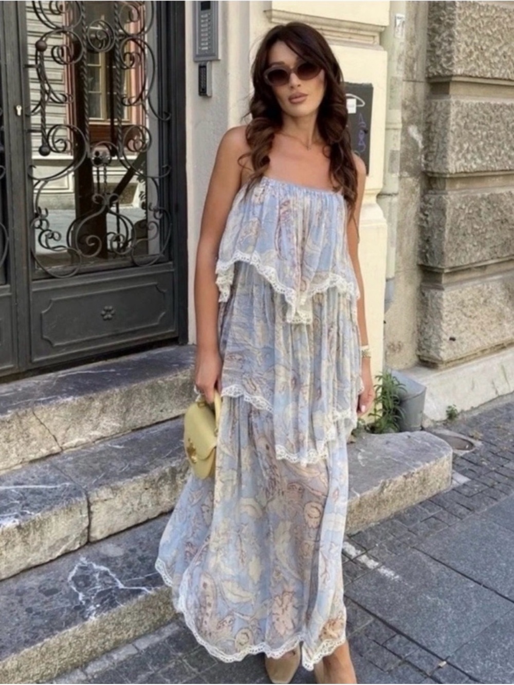 ZARA Printed Lace Trim Ruffled Boho Midi Dress
